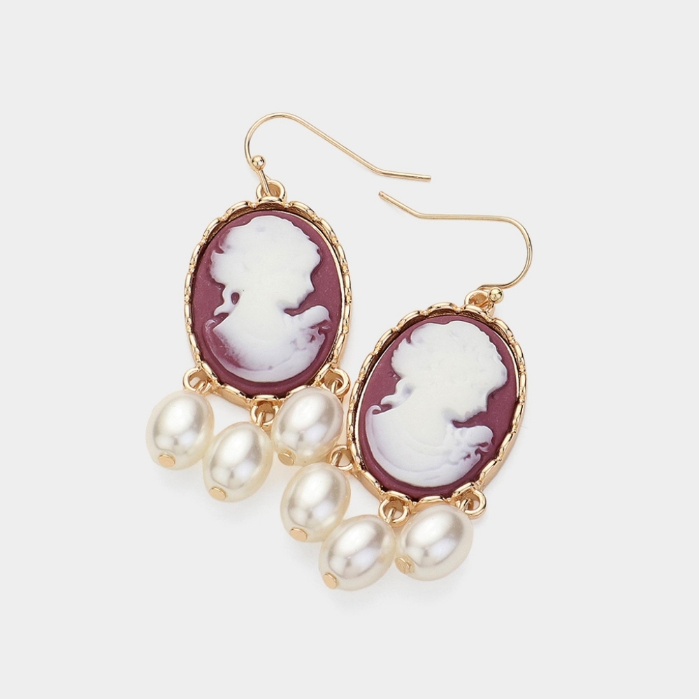 Neutral Pearl Cameo Pendant Drop Dangle Earrings Triple Oval Charm Lady Womans